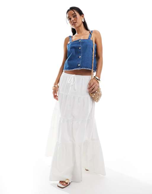 ASOS DESIGN denim cami top with blanket stitch hem in mid blue, 2 of 4