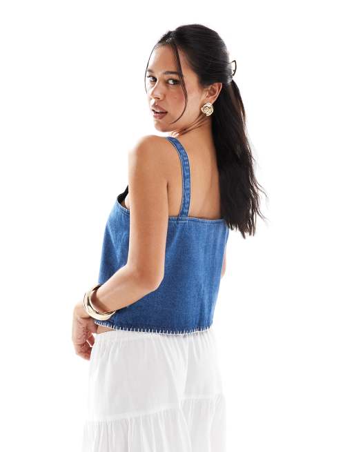 ASOS DESIGN denim cami top with blanket stitch hem in mid blue, 3 of 4