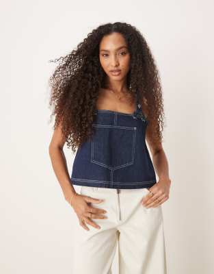 Asos Design Denim Cami Top With Fisherman Strap Details-navy