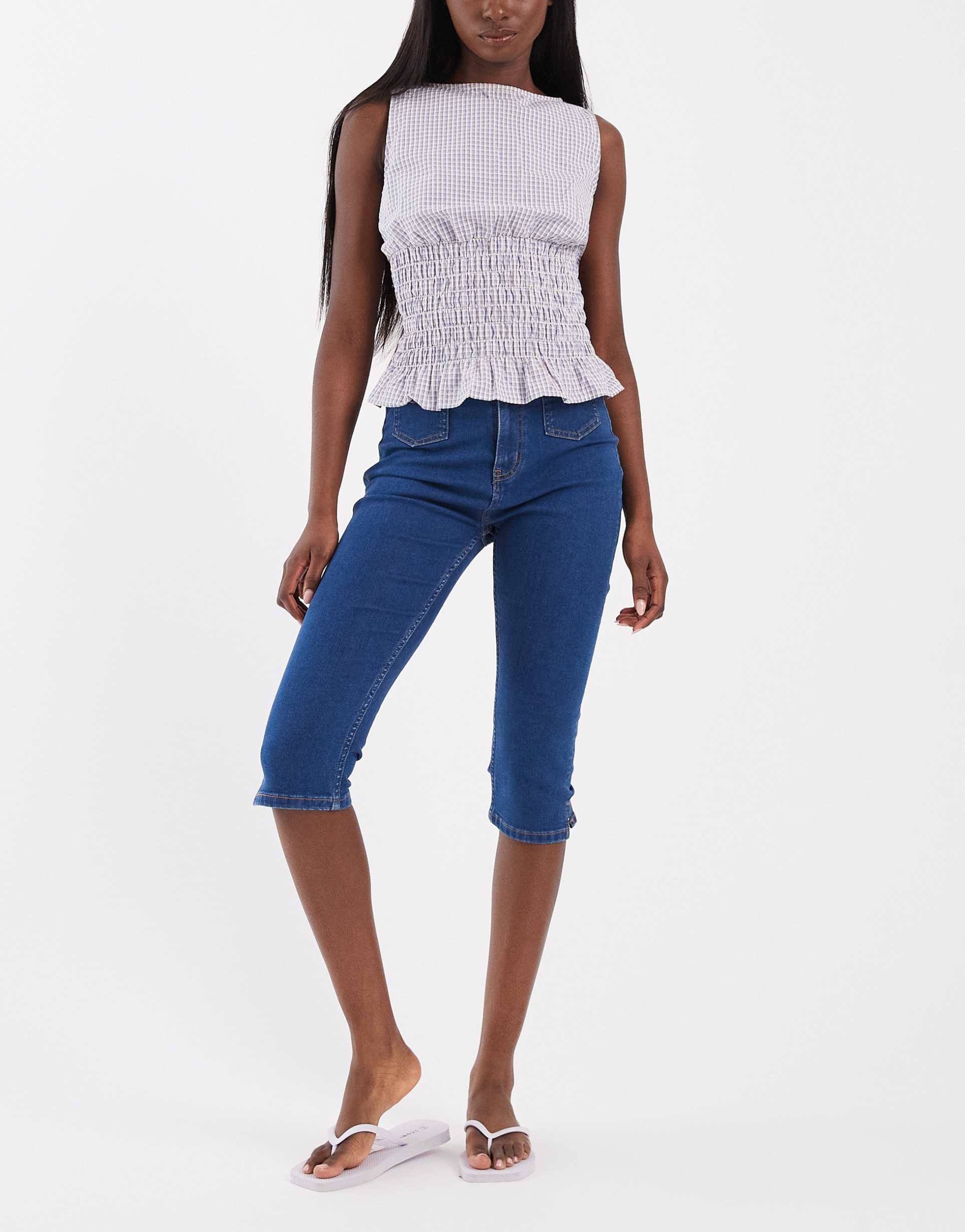 asos design denim capri jeans with pocket detail in dark mid wash