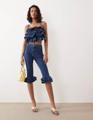 Asos Design Denim Capri Pants With Ruffle Hem In Blue