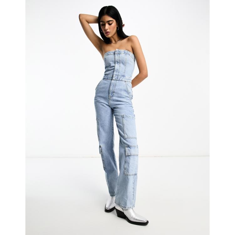 Womens Cargo Denim Bandeau Jumpsuit