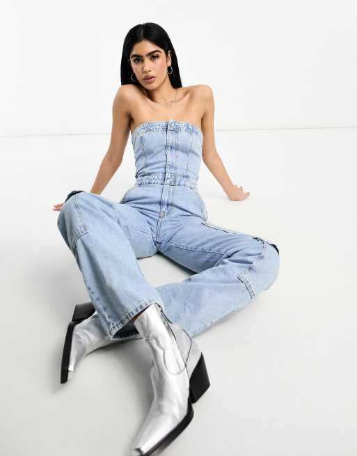 Womens Cargo Denim Bandeau Jumpsuit