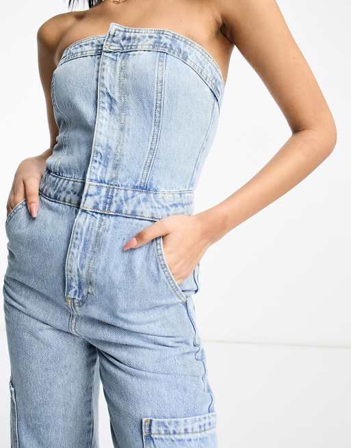 Womens Cargo Denim Bandeau Jumpsuit