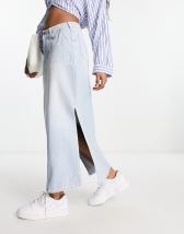 ASOS DESIGN denim midi skirt with split hem in midwash | ASOS