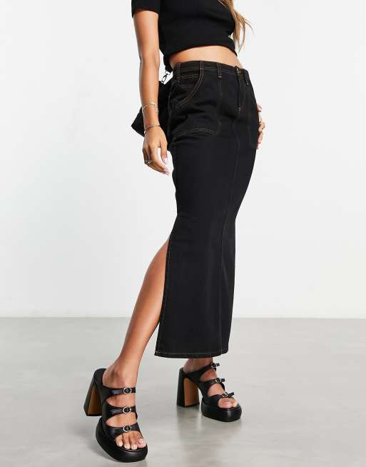 ASOS DESIGN denim cargo midi skirt in washed black