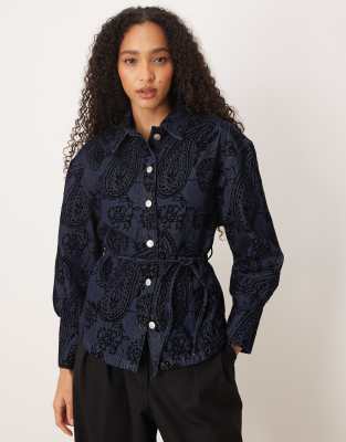 Asos Design Denim Cinch Shirt With Paisley Flock In Blue