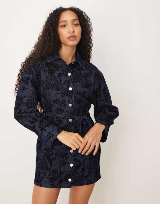 ASOS DESIGN denim cinch shirtdress with paisley flock in mid blue, 2 of 4
