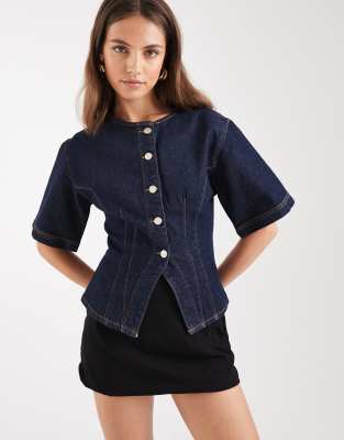 Asos Design Denim Cinch Short Sleeve Collarless Top In Blue