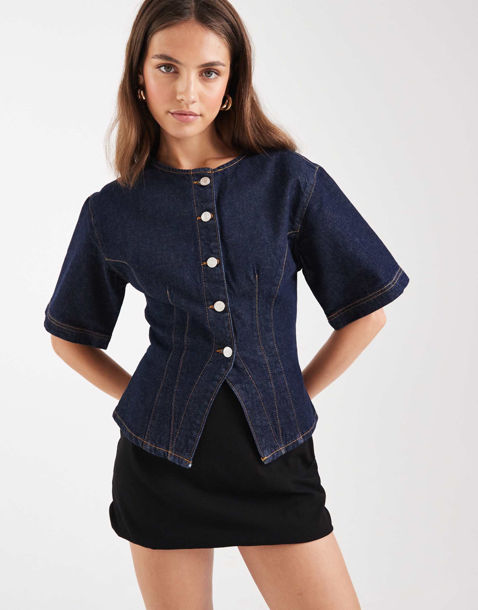 asos design denim cinch short sleeve collarless top in mid blue