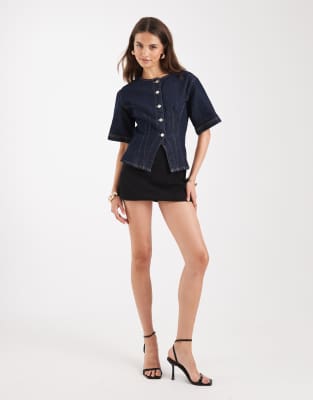 Asos Design Denim Cinch Short Sleeve Collarless Top In Blue