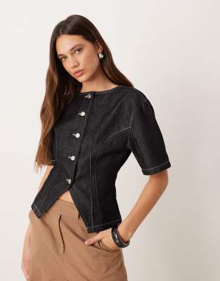 Asos Design Denim Cinch Waist Short Sleeve Collarless Top In Black