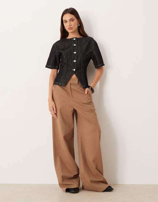 ASOS DESIGN denim cinch waist short sleeve collarless top in black, 2 of 4