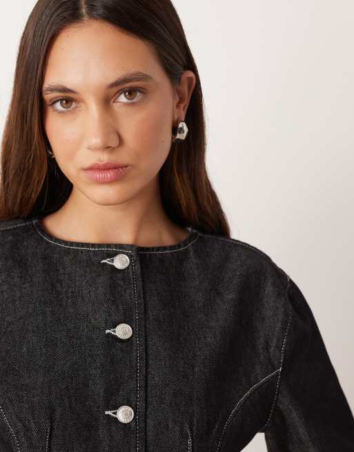 ASOS DESIGN denim cinch waist short sleeve collarless top in black, 3 of 4