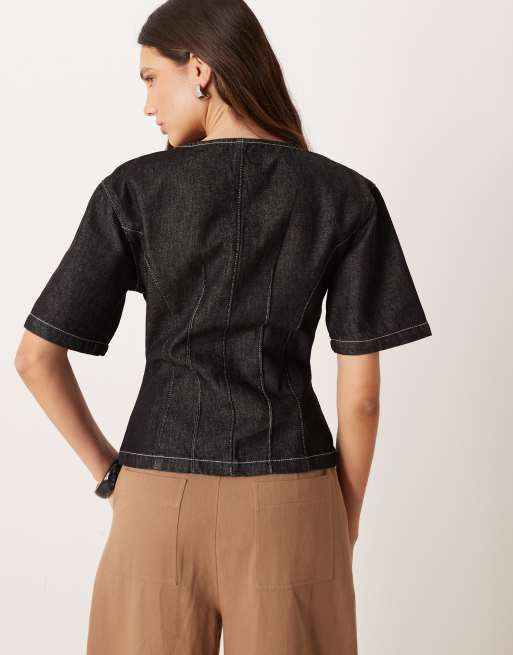 ASOS DESIGN denim cinch waist short sleeve collarless top in black, 4 of 4