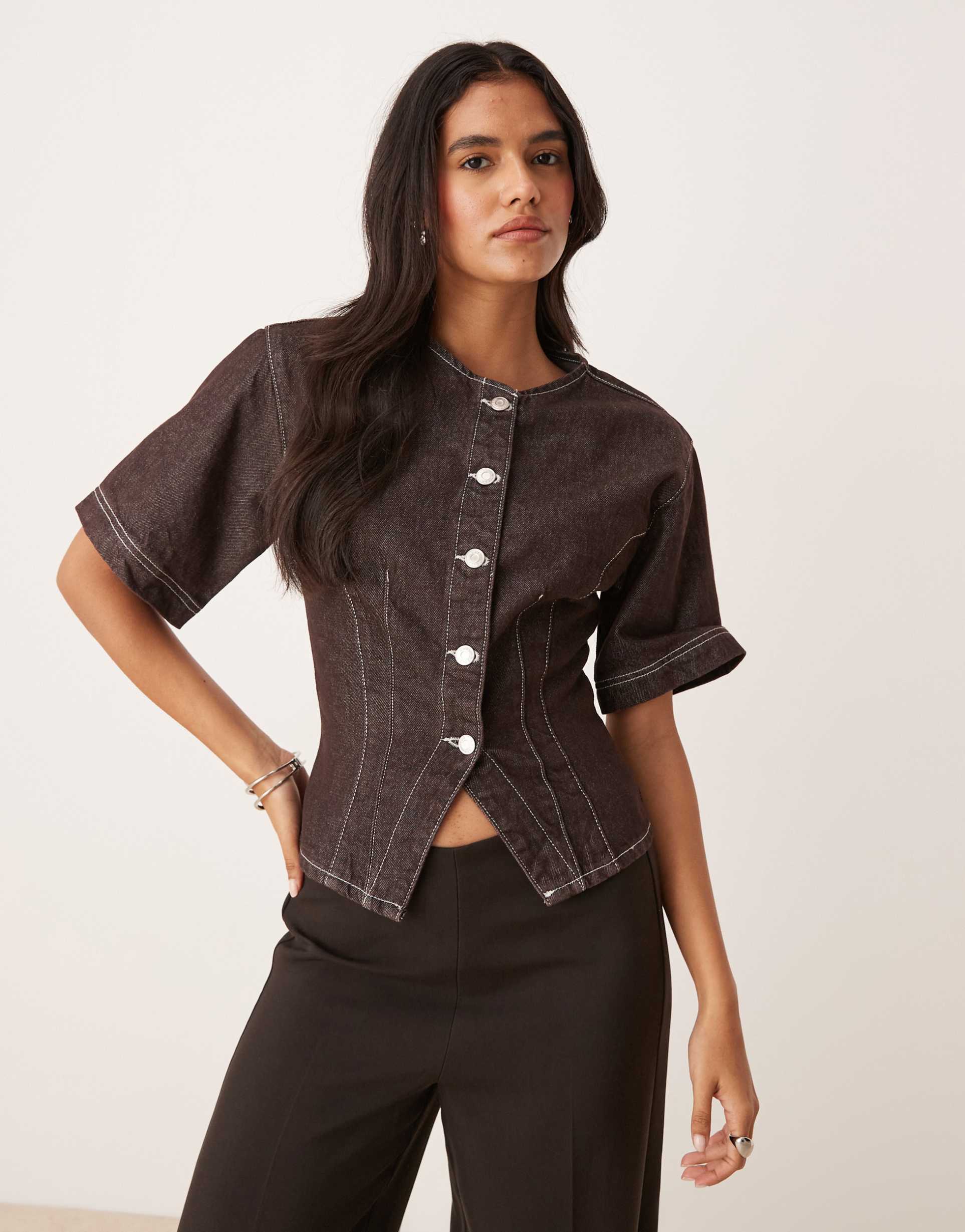 asos design denim cinch waist short sleeve collarless top in dark brown