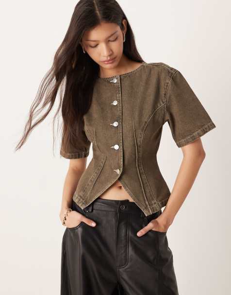 ASOS DESIGN denim cinch waist short sleeve collarless top in olive green - view 1