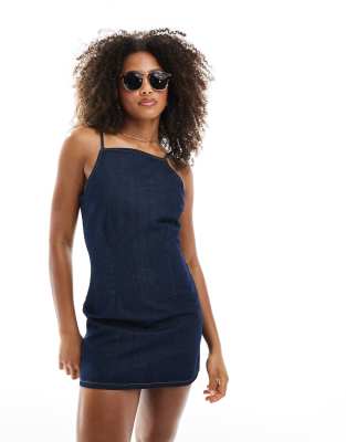 Asos Design Denim Cinch Waist Strappy Mini Dress In Blue