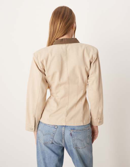 ASOS DESIGN denim cinched barn jacket in stone