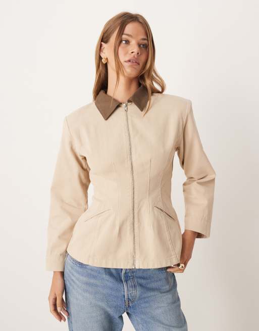 ASOS DESIGN denim cinched barn jacket in stone