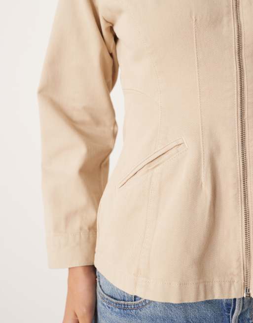 ASOS DESIGN denim cinched barn jacket in stone