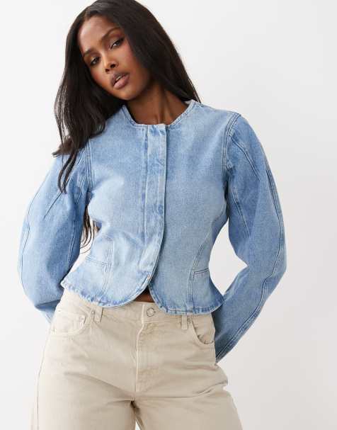 ASOS DESIGN denim cinched barrel sleeve jacket co ord in mid blue - view 1
