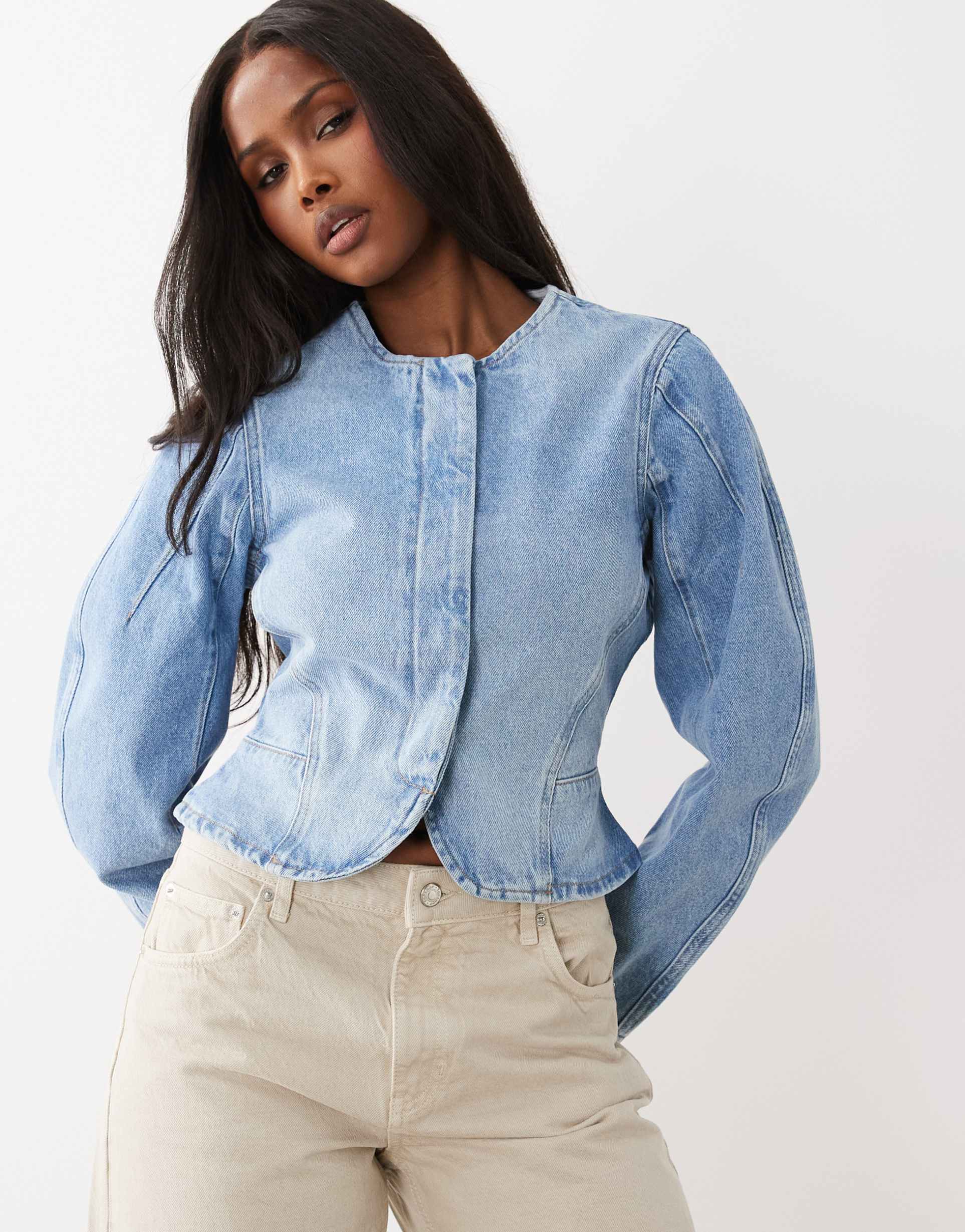 asos design denim cinched barrel sleeve jacket in mid blue - part of a set
