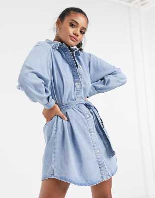 ASOS DESIGN denim cinched in belted shirt dress in midwash blue | ASOS