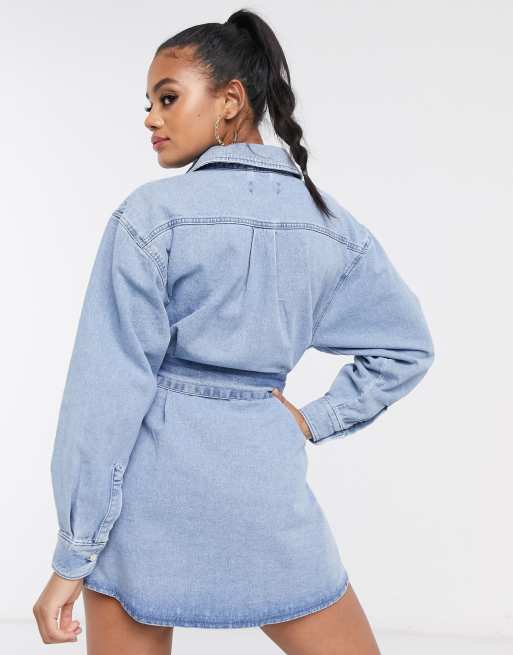 ASOS DESIGN denim cinched in belted shirt dress in midwash blue