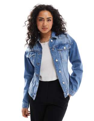 denim cinched jacket in mid blue