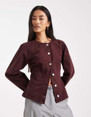 Asos Design Denim Cinched Shirt In Burgundy