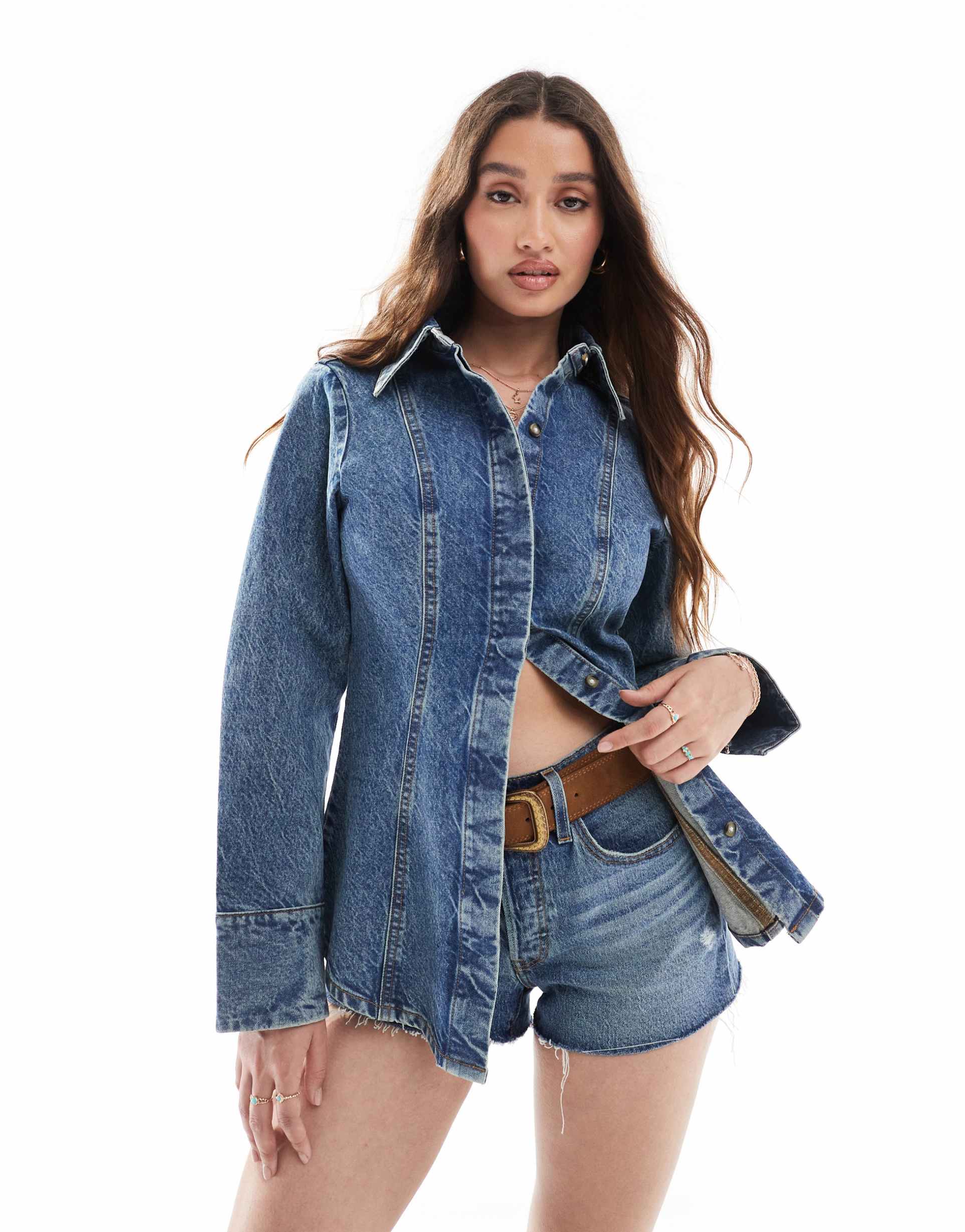 asos design denim cinched shirt in vintage wash