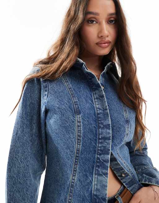 ASOS DESIGN denim cinched shirt in vintage wash, 3 of 4