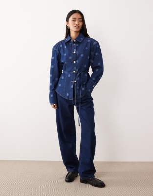 Asos Design Denim Cinched Shirt With Laser Polka Dot-blue In Blue