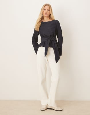 Asos Design Denim Cinched Tie Detail Long Sleeve Top In Blue