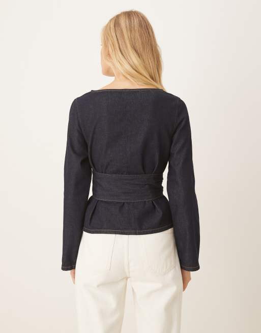 ASOS DESIGN denim cinched tie detail long sleeve top in indigo, 3 of 4