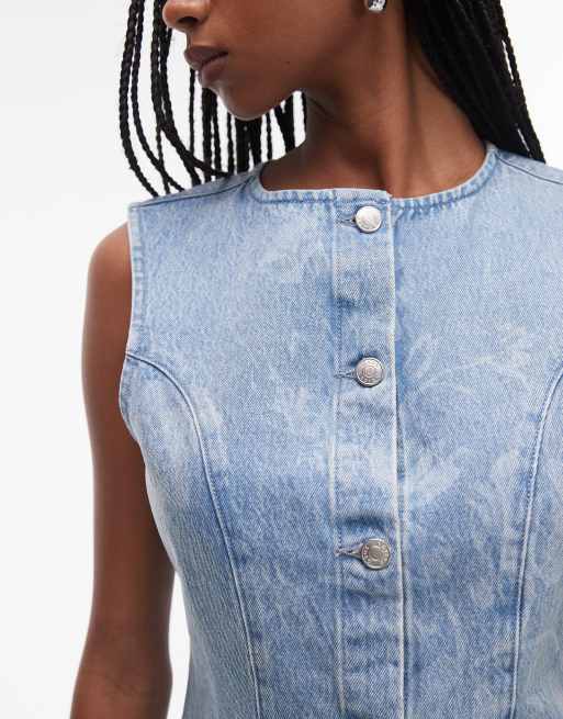 ASOS DESIGN denim cinched vest in floral mid wash blue, 2 of 4