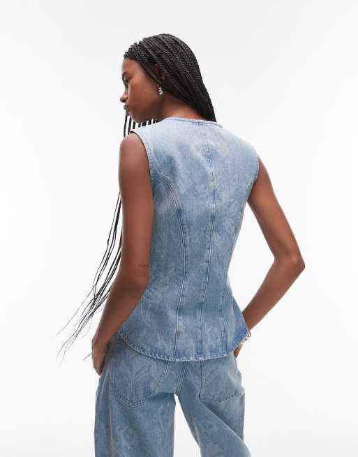 ASOS DESIGN denim cinched vest in floral mid wash blue, 3 of 4
