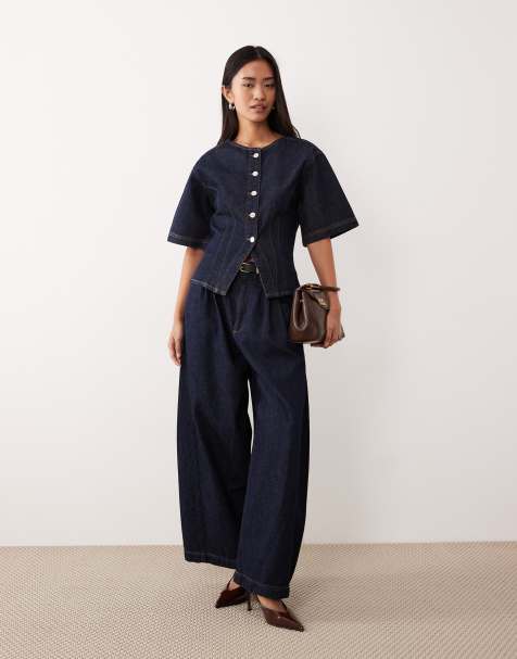 ASOS DESIGN denim cinched waist short sleeve collarless top in indigo - view 1