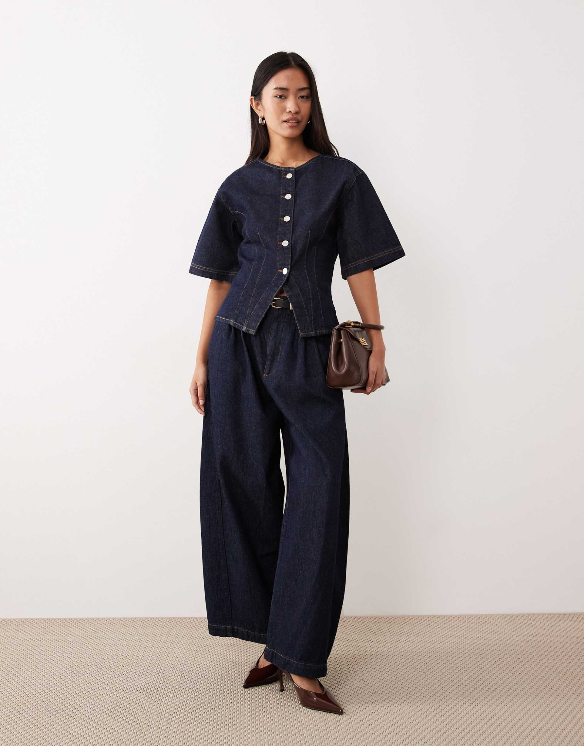 asos design denim cinched waist short sleeve collarless top in indigo