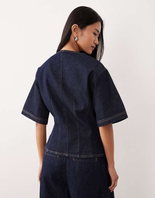 ASOS DESIGN denim cinched waist short sleeve collarless top in indigo, 4 of 4