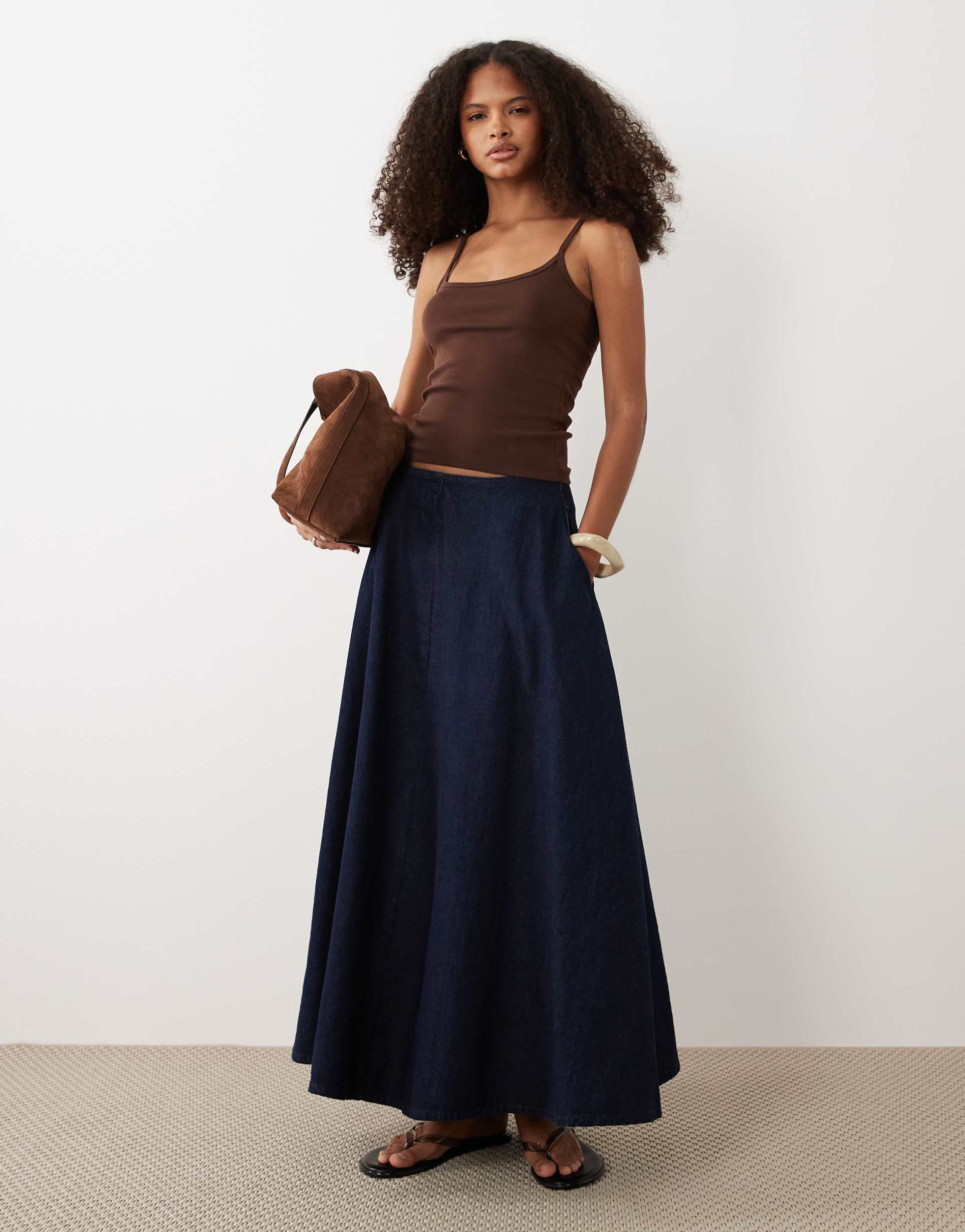 asos design denim circle hem midaxi skirt in rinse wash