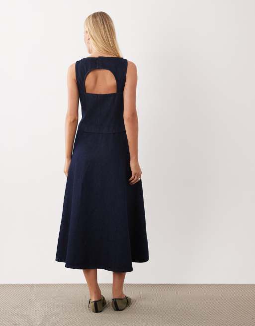 ASOS DESIGN denim circle hem midi dress with cut out detail in rinse, 3 of 4