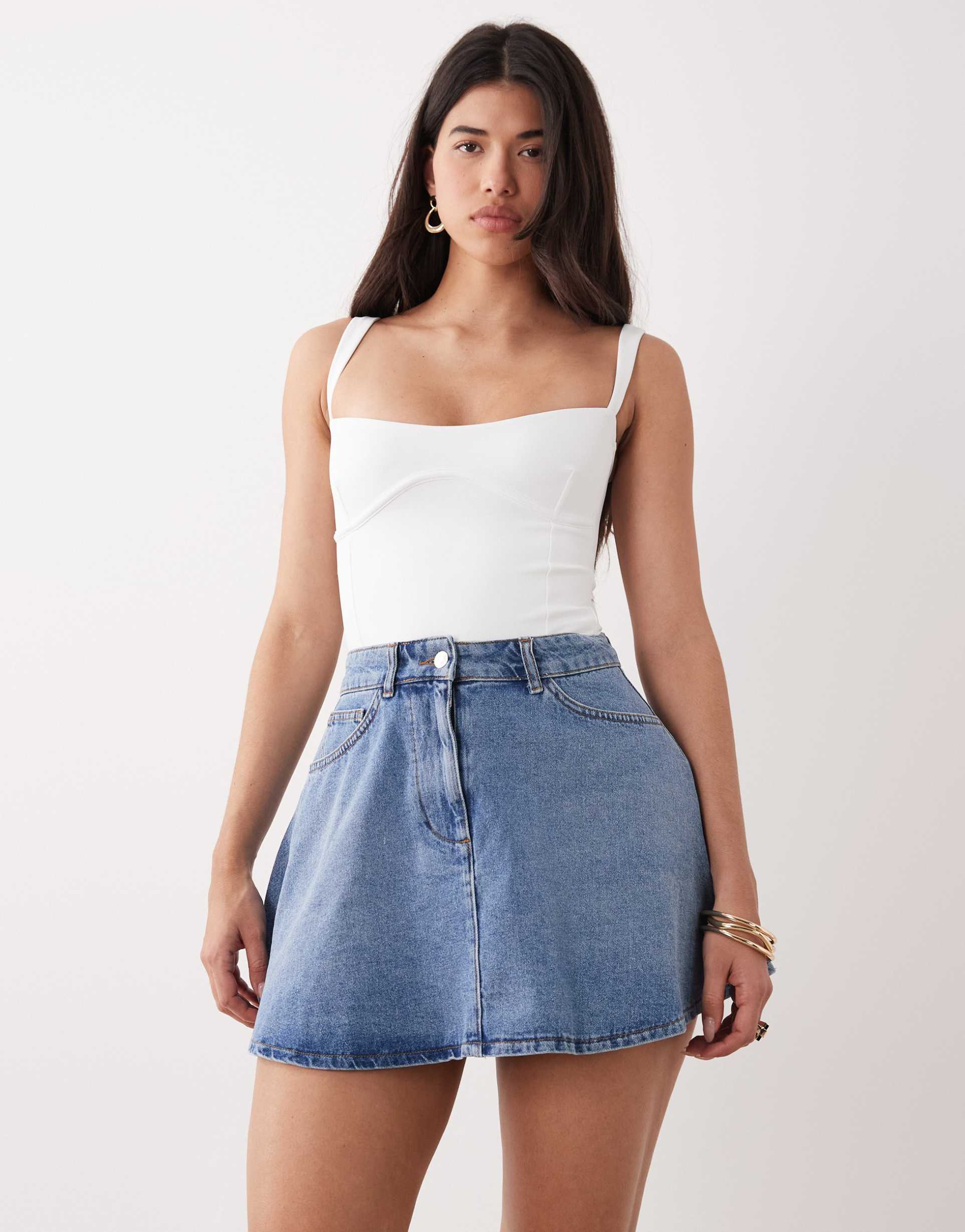 asos design denim circle mini skirt in mid blue