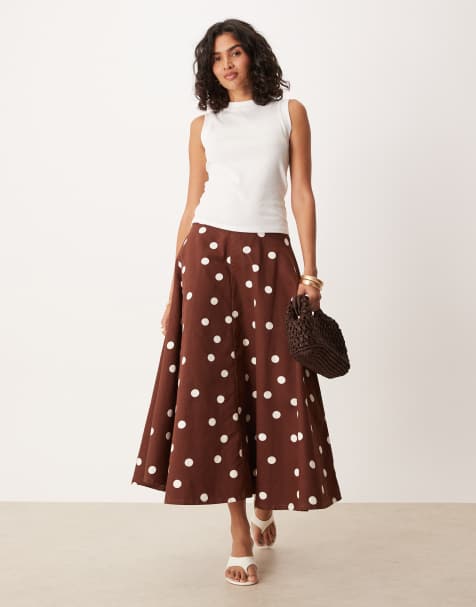 ASOS DESIGN denim circle skirt in brown polka dot - view 1