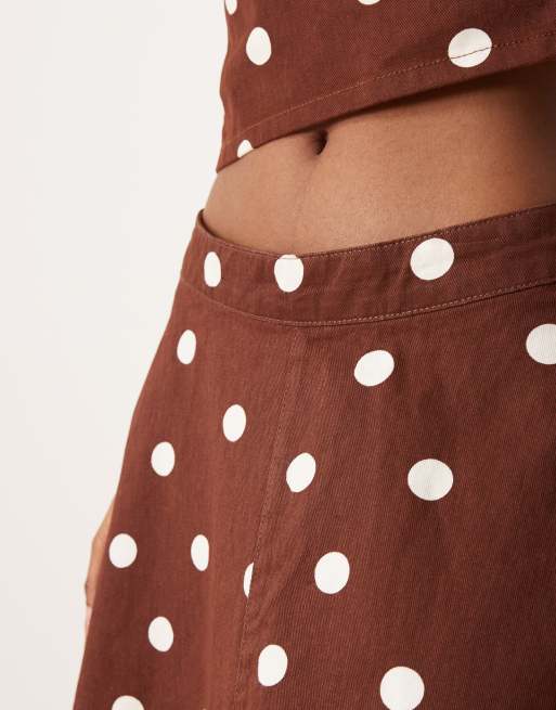 ASOS DESIGN denim circle skirt in brown polka dot