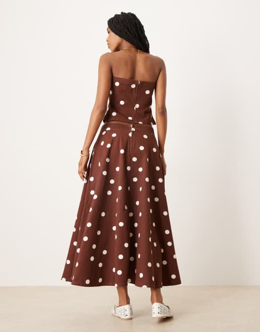 ASOS DESIGN denim circle skirt in brown polka dot