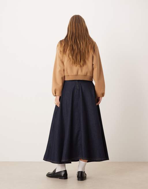 ASOS DESIGN denim circle skirt with pleated waist in rinse wash