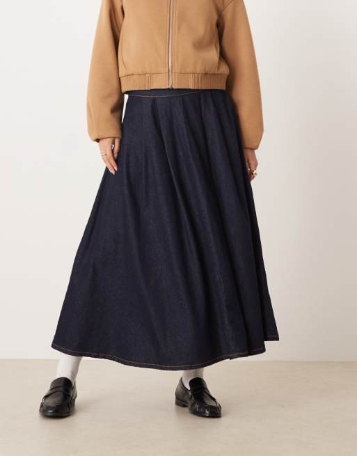 ASOS DESIGN denim circle skirt with pleated waist in rinse wash