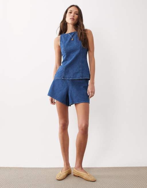 ASOS DESIGN denim clean a-line shorts in mid blue (part of a set), 2 of 5